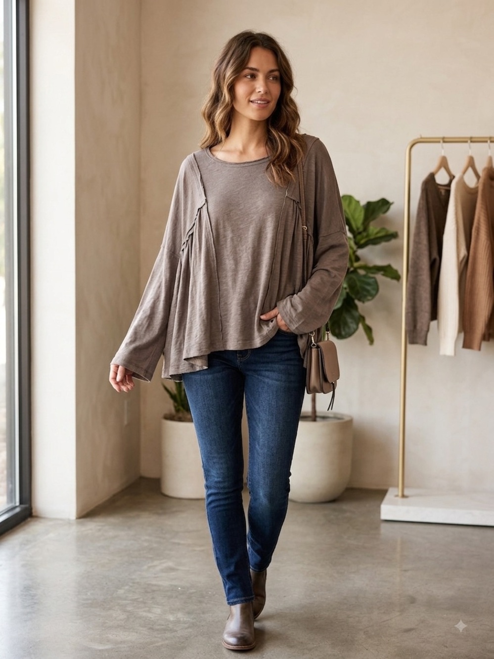 New easel Taupe Relaxed Ruffle-Trim Long Sleeve Tunic oversized medium